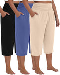 3 Pack Women's Plus Size Cotton Capri Pants - High Waist Wide Leg