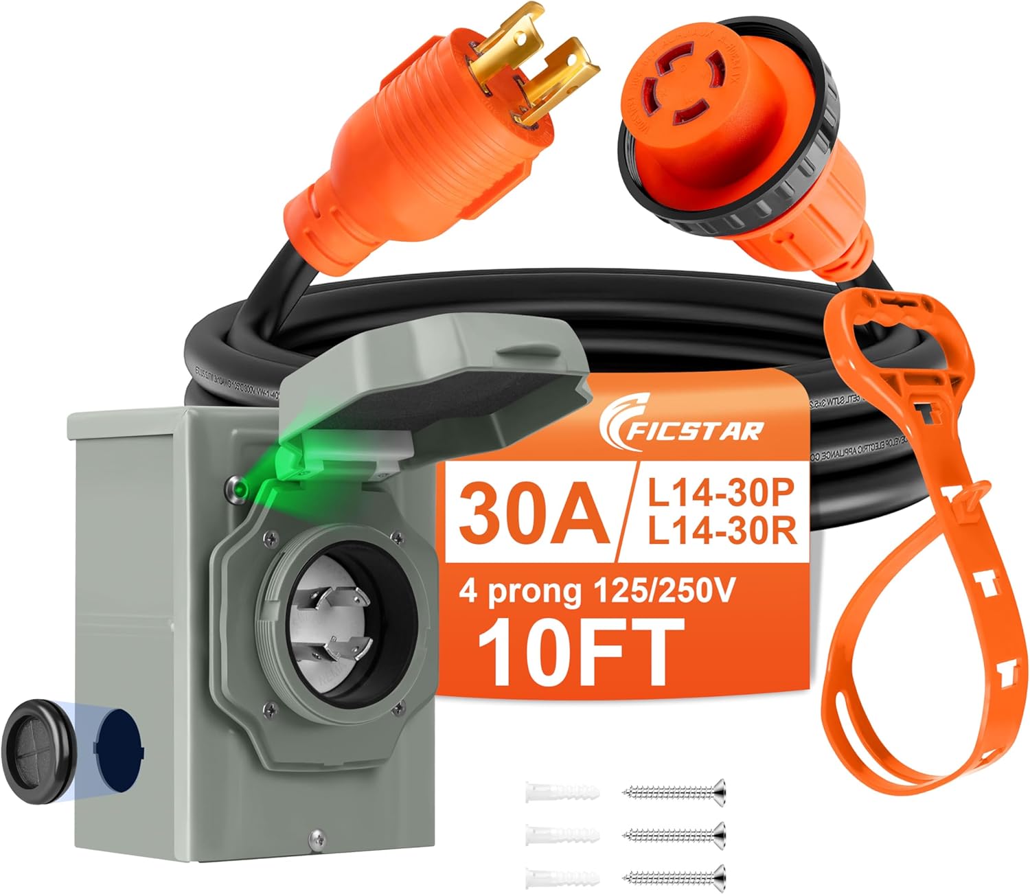 10 FT 30 Amp Generator Cord and Inlet Box Waterproof Kit