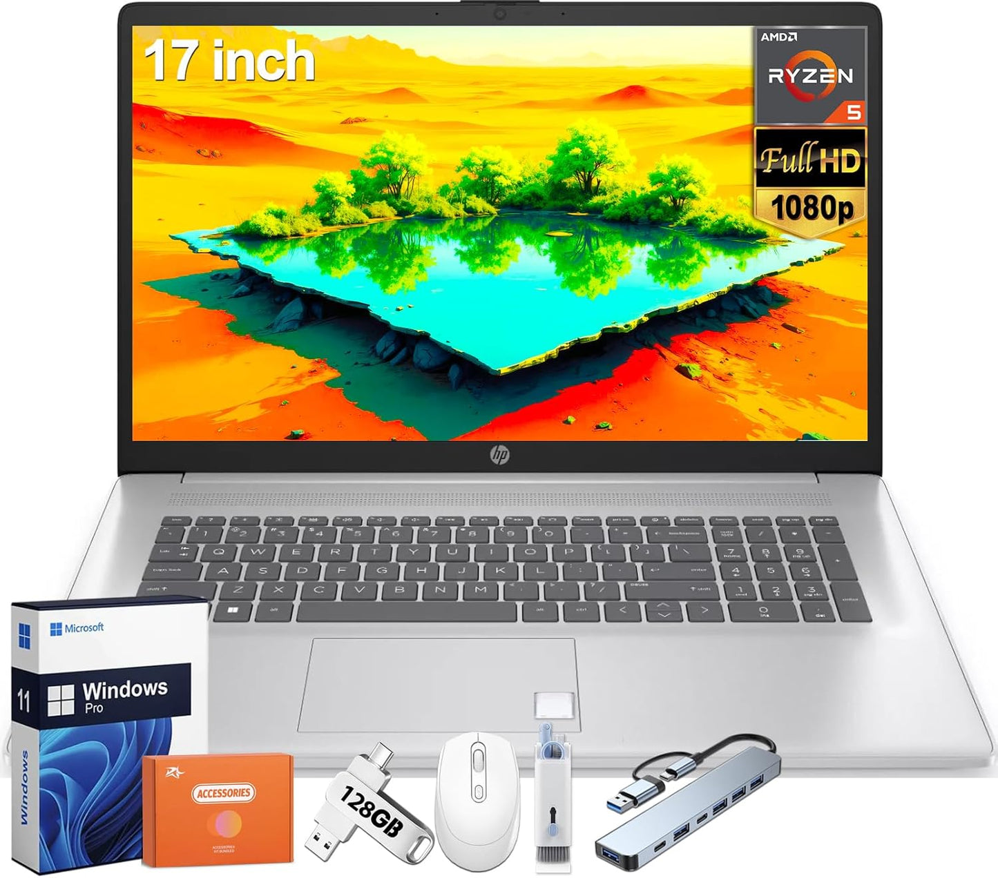 HP 17 Inch Laptop with Ryzen 5, 32GB RAM, 2TB SSD, FHD Display