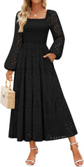 ZESICA Women's Fall Long Sleeve Maxi Dress - Smocked A-Line Boho