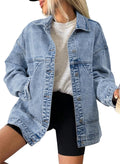 Womens Denim Jacket Casual Long Sleeve Drop Shoulder Button Front soft