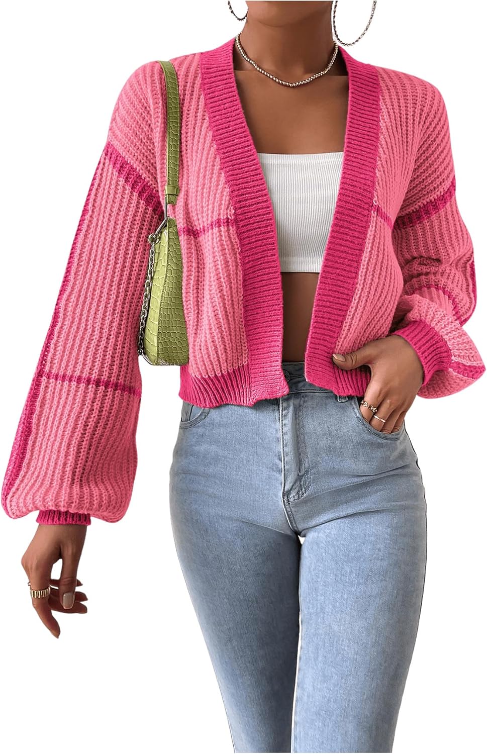 COZYEASE Women's Color Block Crop Cardigan for Fashion Lovers