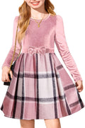 Arshiner Girls Velvet Plaid Patchwork Dress with Pockets - Holiday