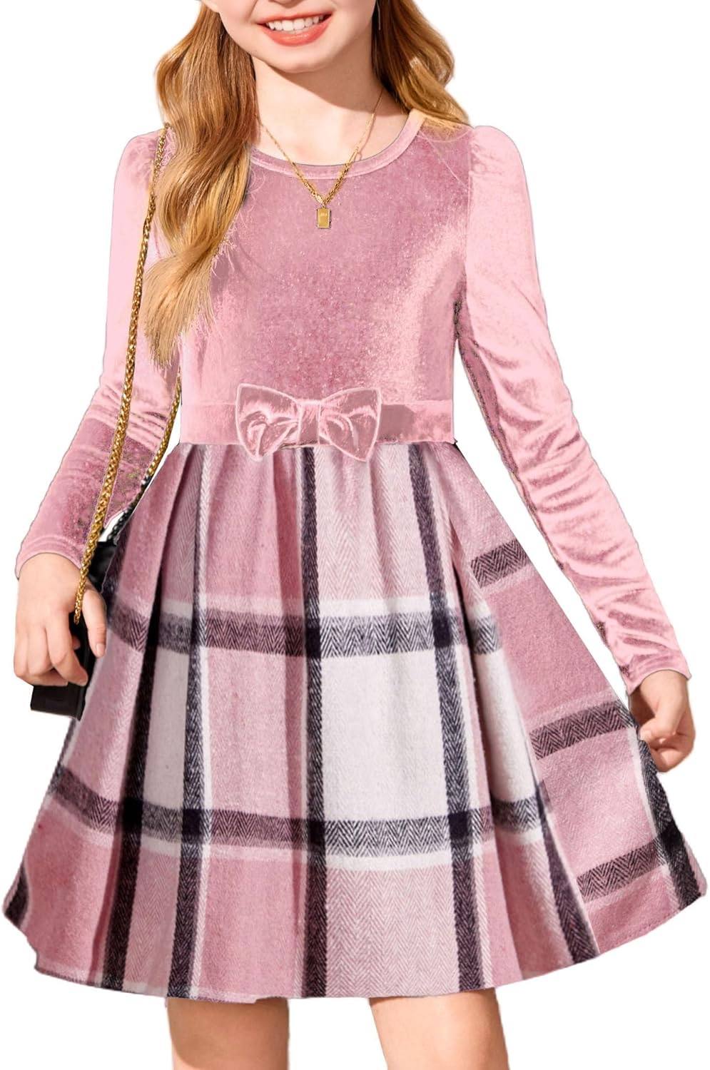 Arshiner Girls Dresses Long Sleeve Velvet Plaid Patchwork Style
