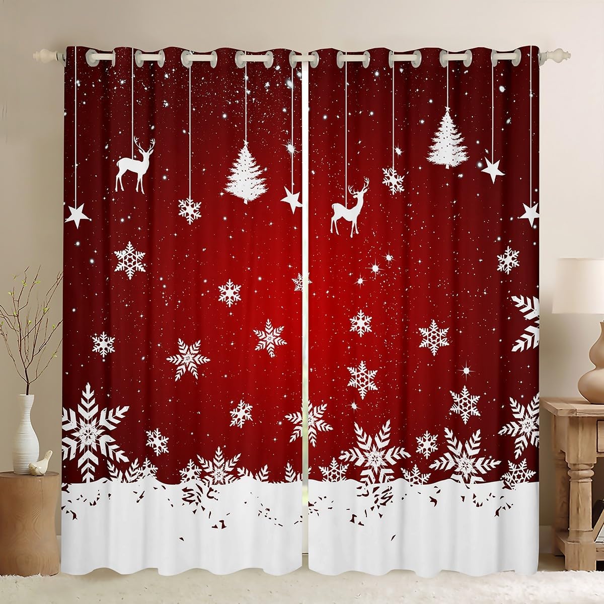 Red Merry Christmas Curtains - Soft 30-50% Blackout, 2 Panels