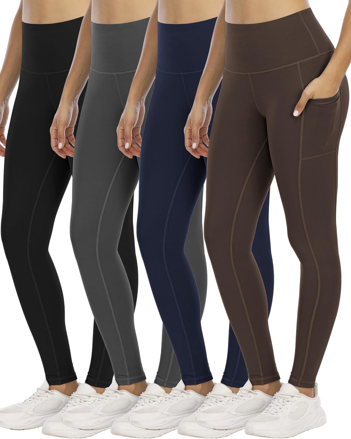 4 Pack Leggings with Pockets for Women - High Waist Tummy Control