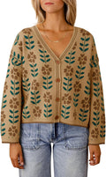 Womens Floral V Neck Cardigan with Button Front - Soft Knit