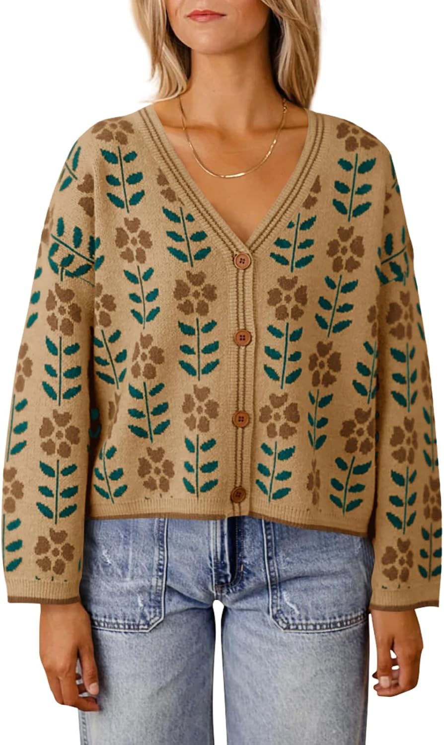 Stylish Floral Print V Neck Cardigan for Women by Saodimallsu