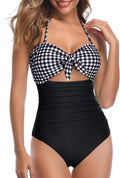 Tempt Me Women Cutout One Piece Swimsuit Black Plaid - Tummy Control