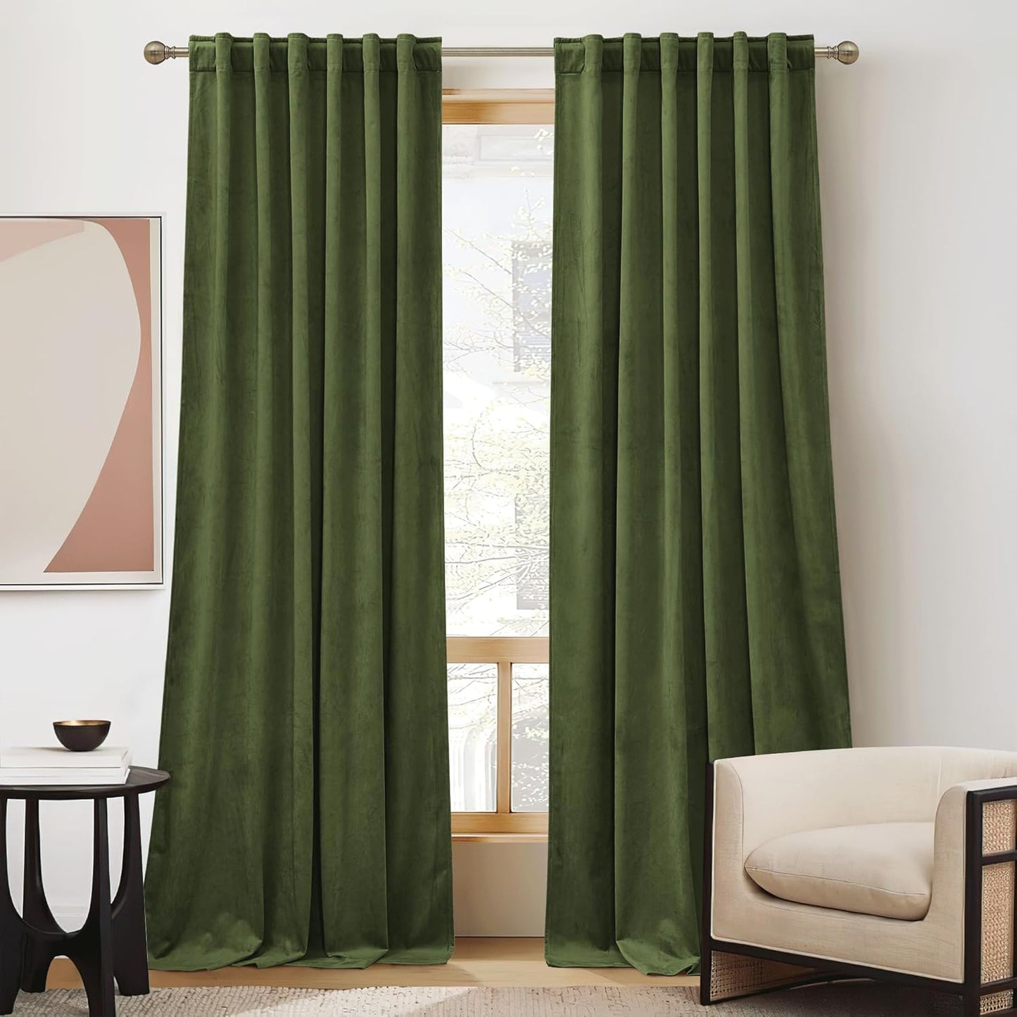 RYB Home Olive Green Velvet Curtains for Elegant Room Decor