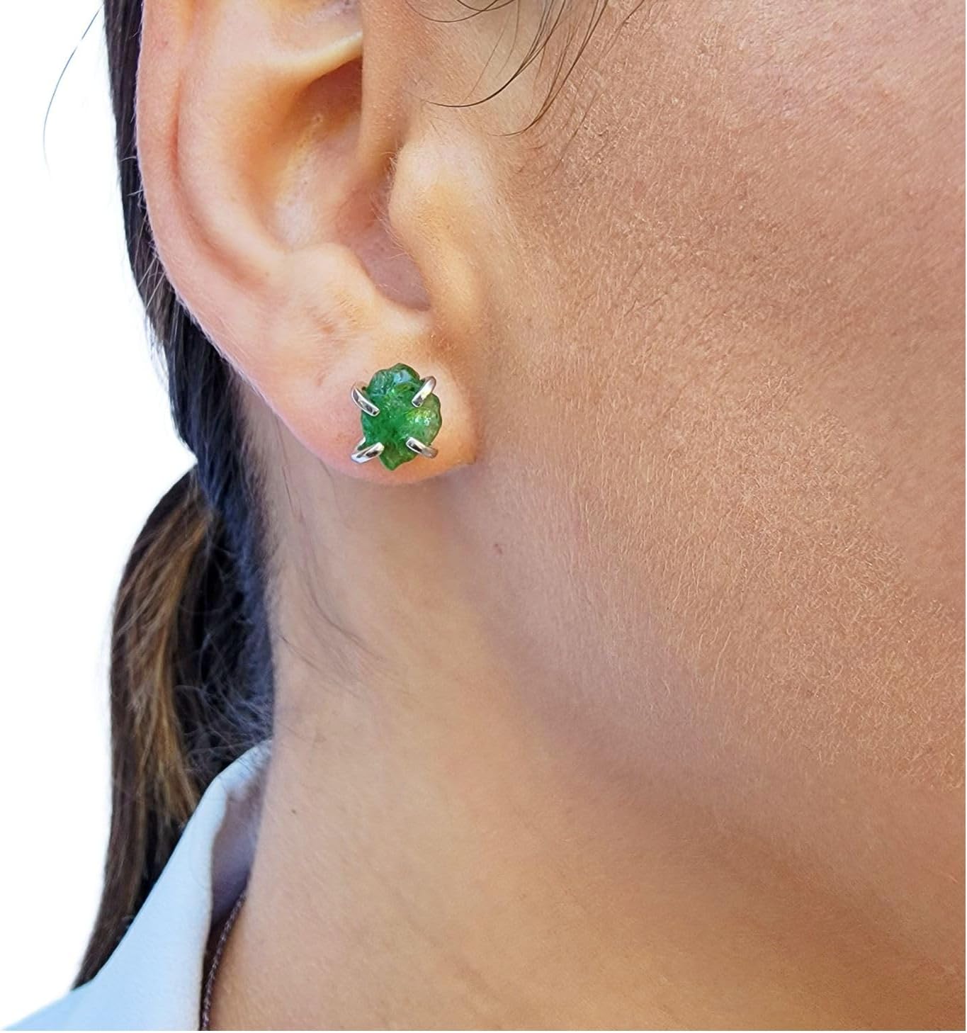 Natural Raw Gemstone Stud Earrings in White Gold Over Silver