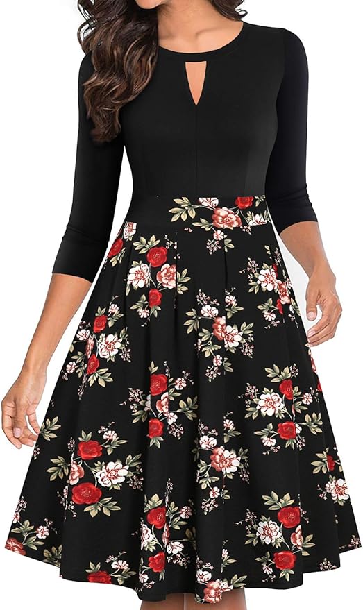 YATHON Women's Vintage Floral Flared A-Line Swing Dresses with Pockets