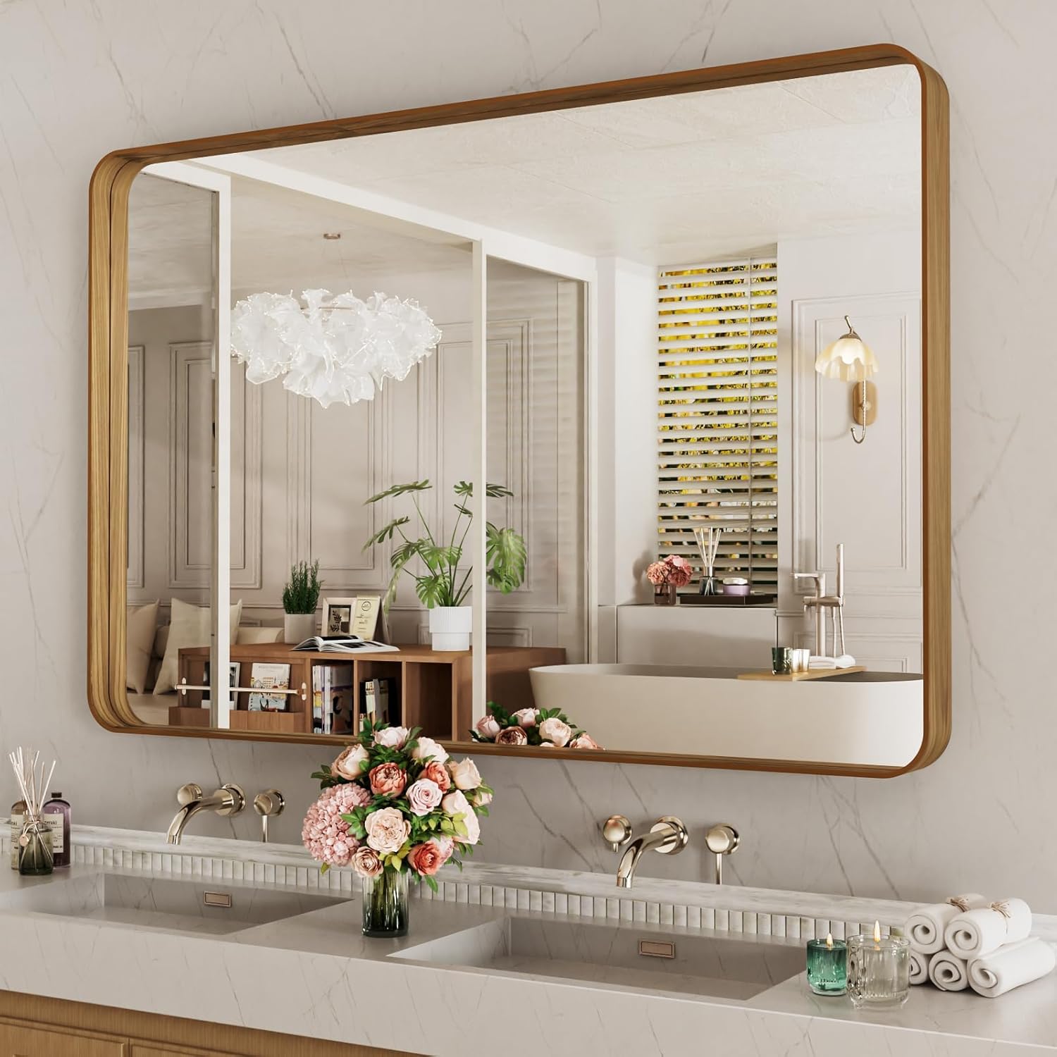 LOAAO 48X32 Inch Bathroom Mirror with Wood Grain Frame