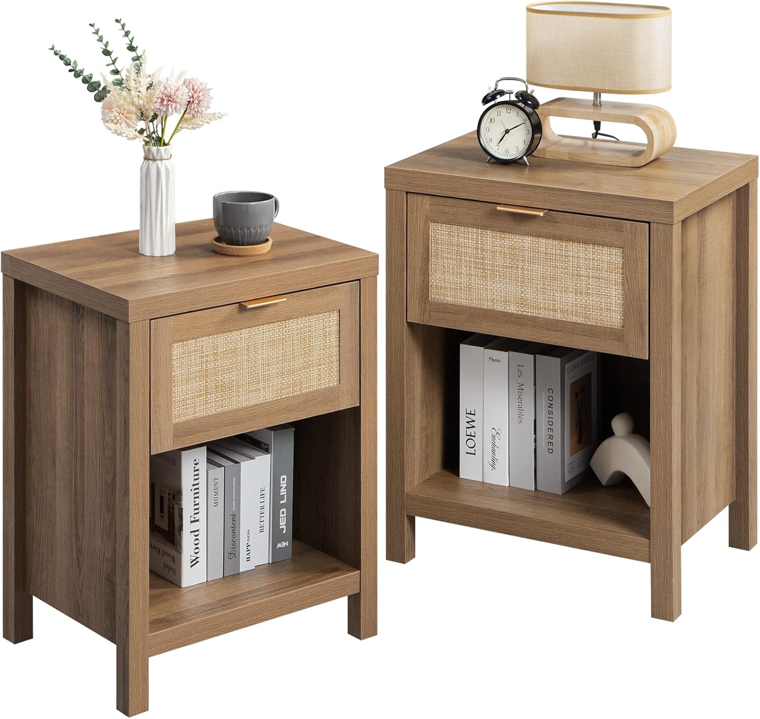 SICOTAS Rattan Nightstands Set of 2 - Stylish Farmhouse Design