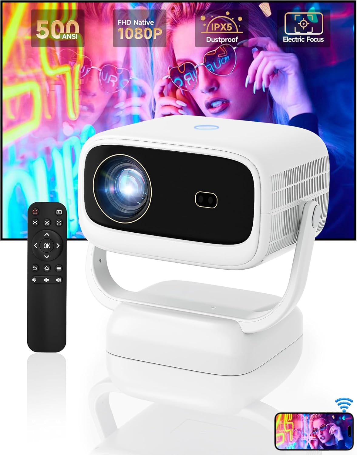 500ANSI Dustproof Projector with WiFi 6 and Bluetooth for Movies