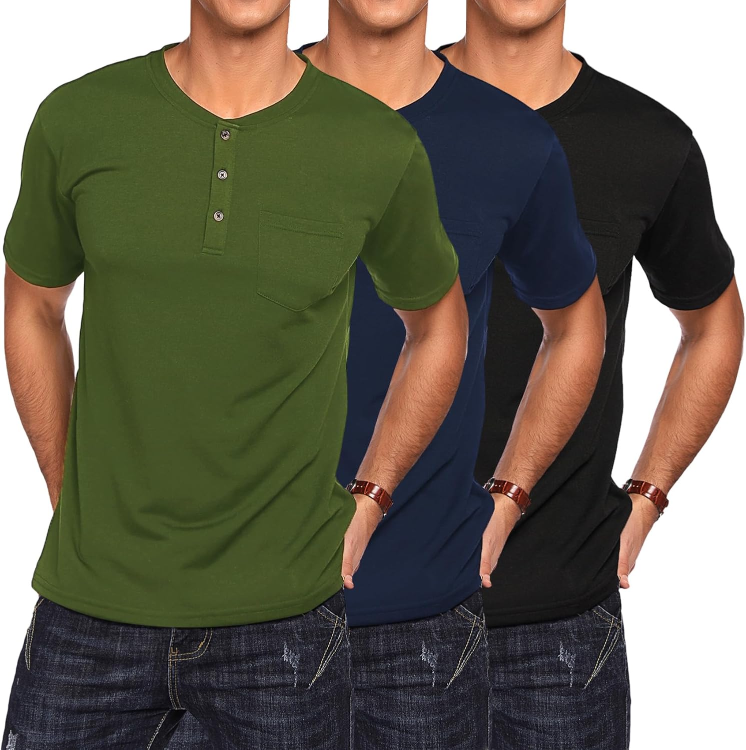 COOFANDY Men's 3 Pack Henley Shirts for Casual Summer Style