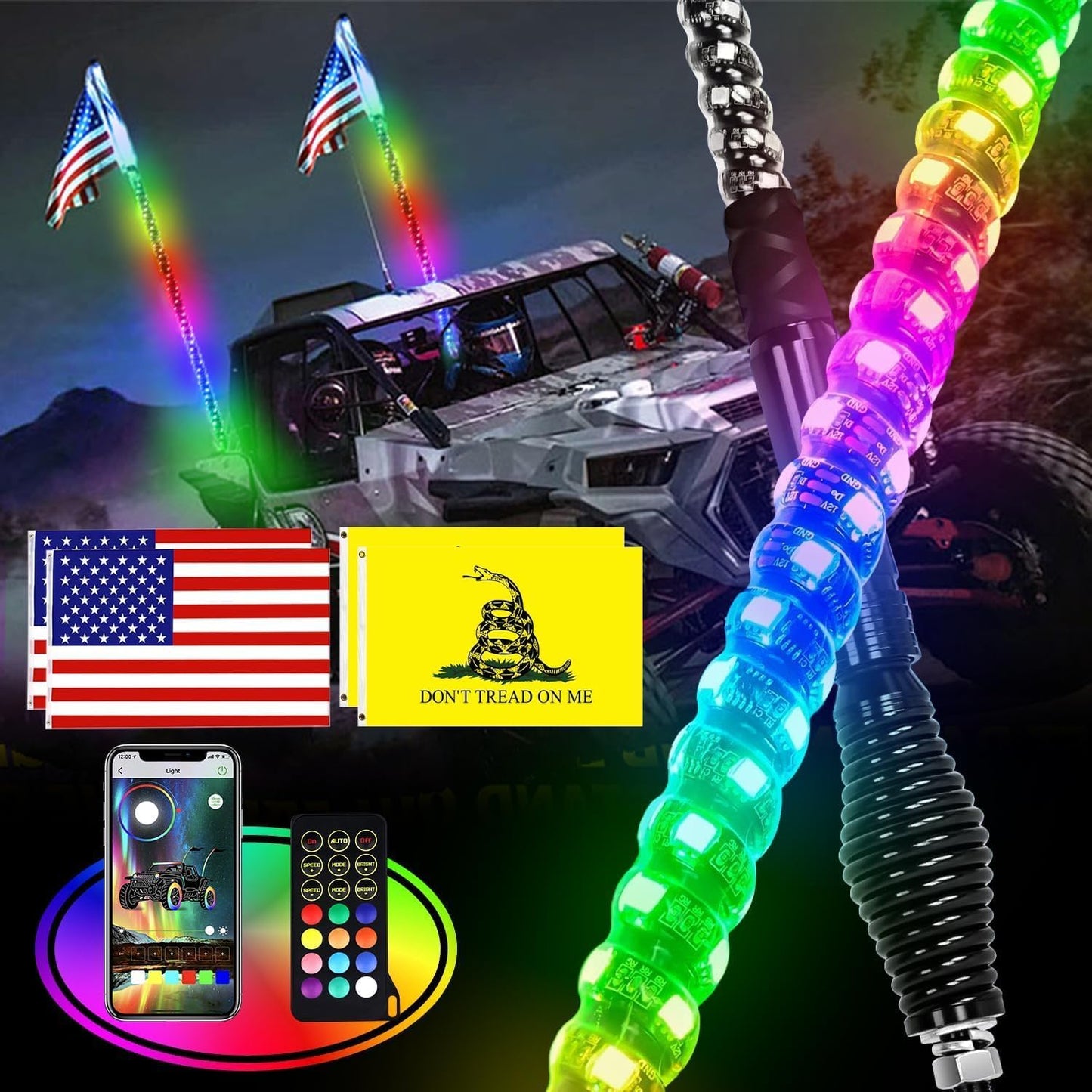 Upgraded 4FT RGB Whip Lights for UTV ATV Jeep Off-Road Use