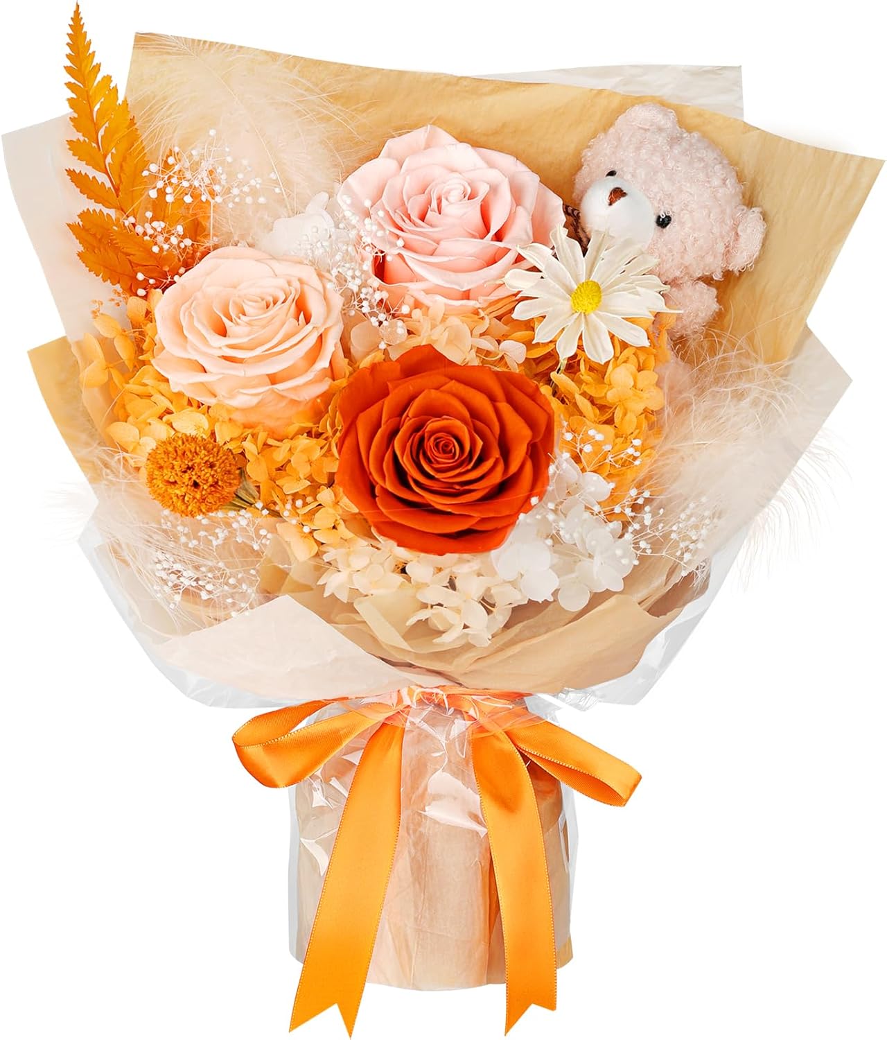 Preserved Flowers Bouquet with Bear - Long-Lasting Orange Roses