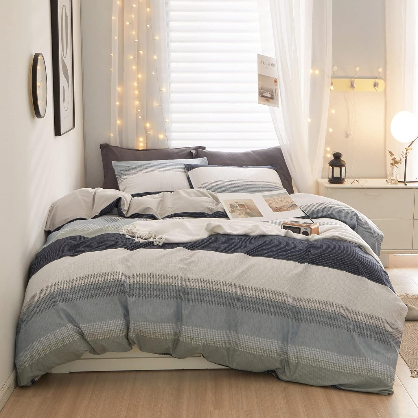 LifeTB Cotton Stripe Duvet Cover Set for Modern Bedroom Style
