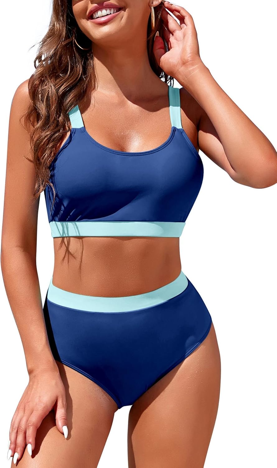 Womens High Waisted Bikini Sets Sporty Crop Top Color Block Swimwear