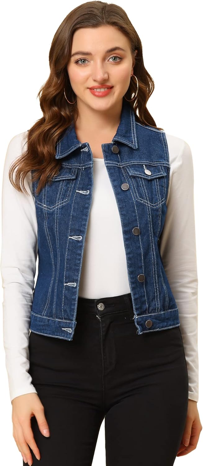 Allegra K Women's Buttoned Washed Denim Vest Jacket with Pockets