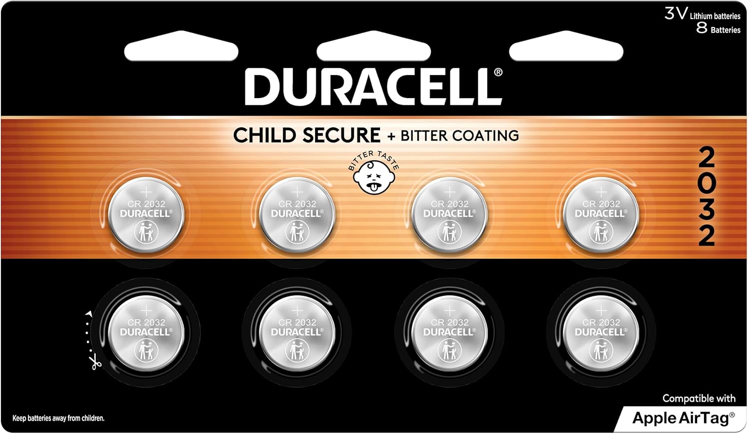 Duracell 2032 Lithium Batteries: 8-Pack, Child-Safe, Fits Apple AirTag & More
