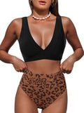 Women's Leopard Bikini Swimsuits V Neck High Waisted 2 Piece