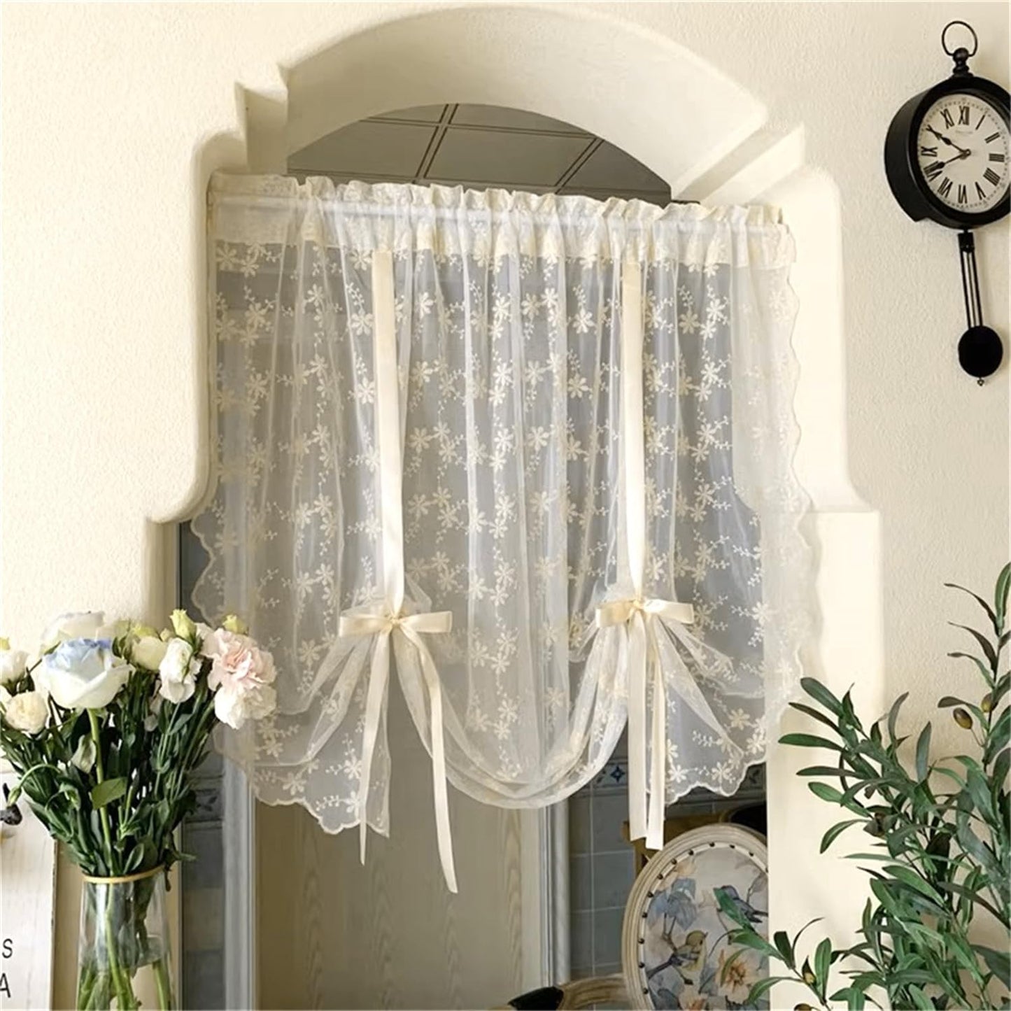 Floral Lace Sheer Kitchen Curtain - Light Filtering & Elegant