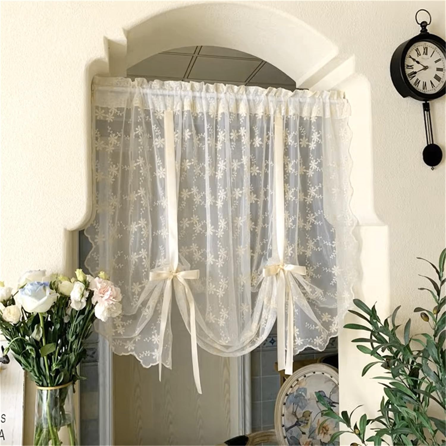 Floral Lace Sheer Kitchen Curtain - Light Filtering & Elegant