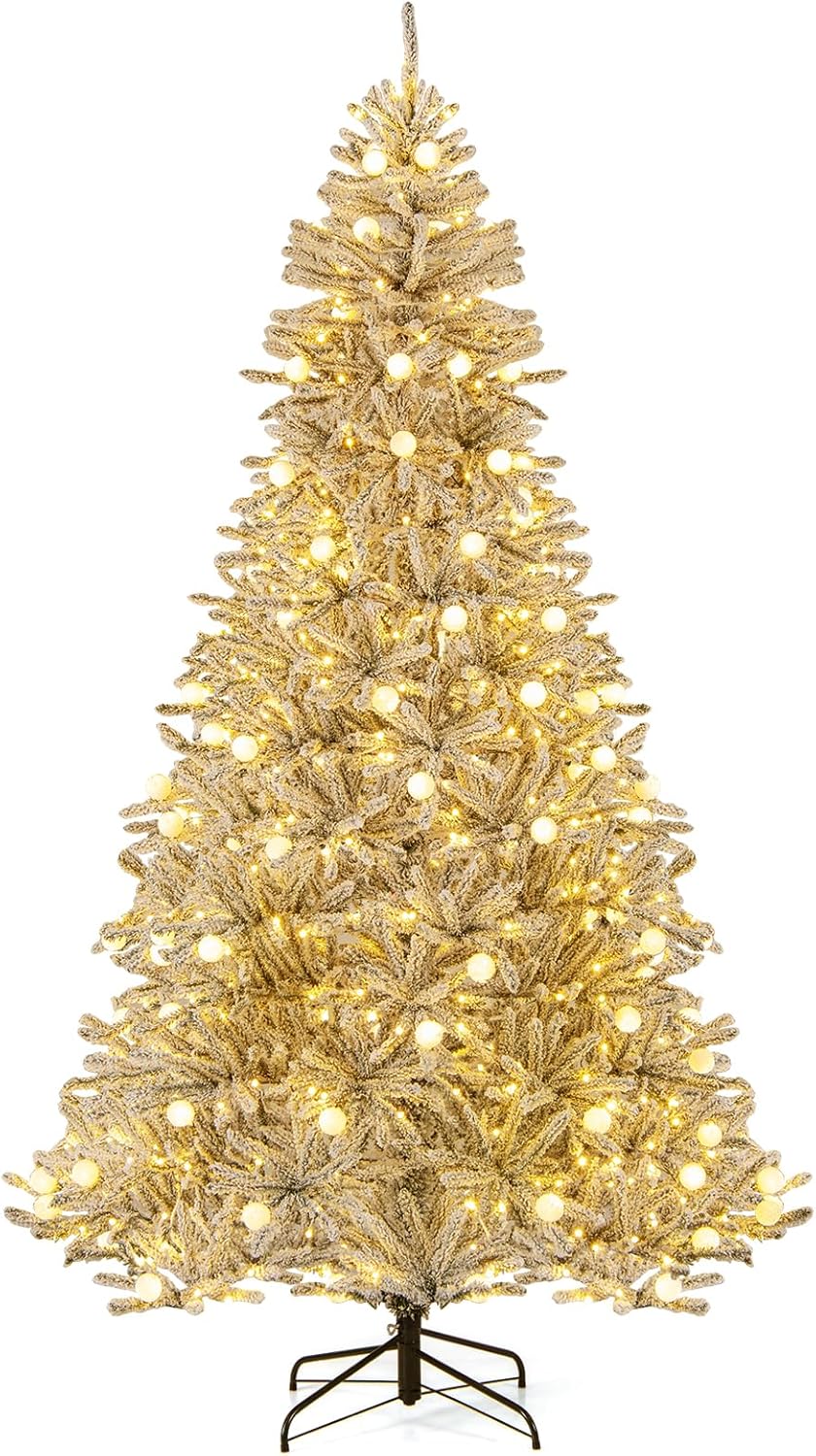 Goplus 8 FT Pre-Lit Snow Flocked Christmas Tree for Holidays