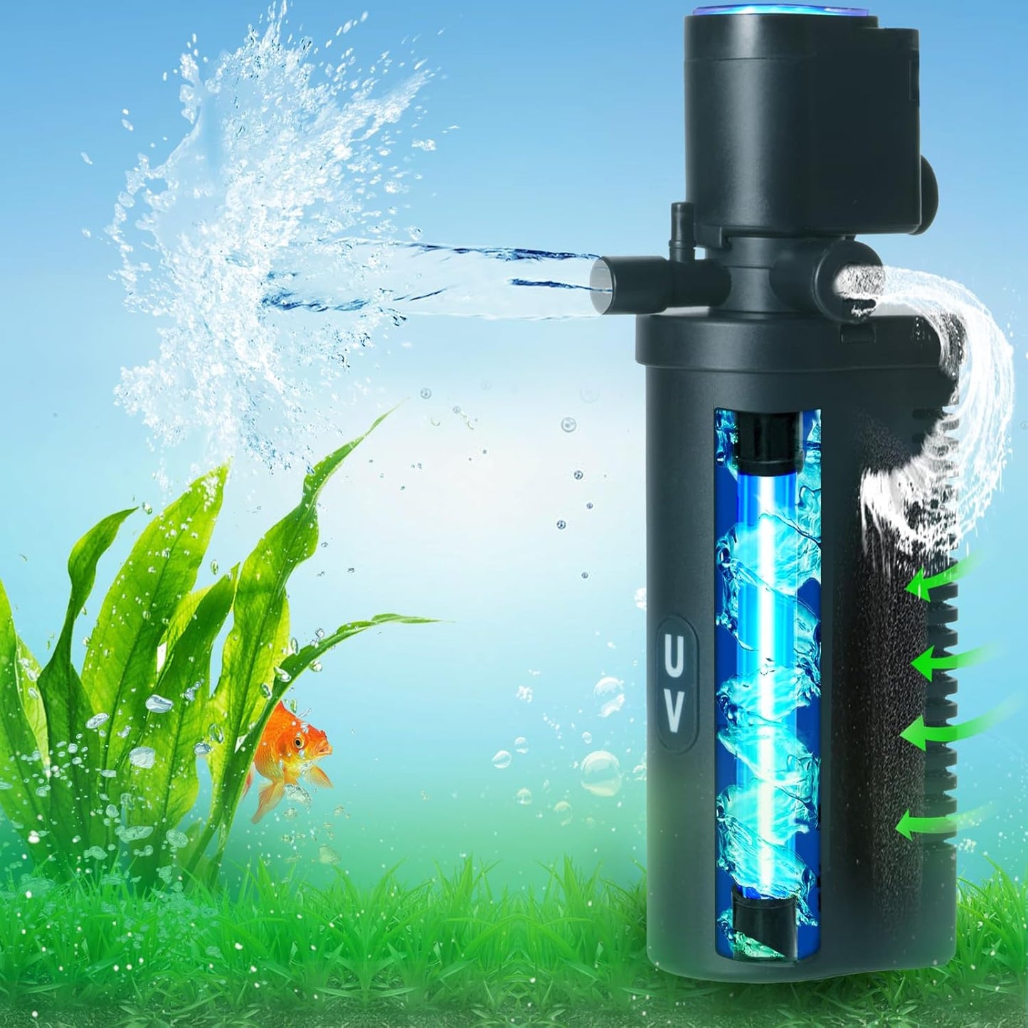 158GPH Small Aquarium Filter with UV Sterilizer for 10-45 Gallon