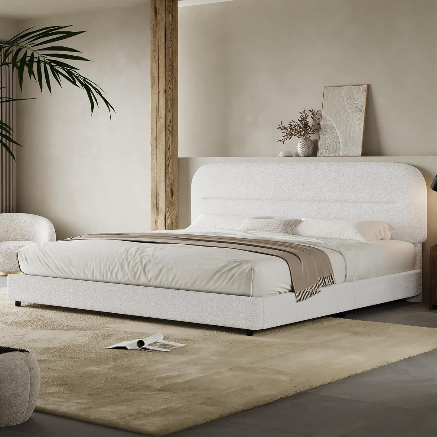 HOMBCK King Size Boucle Bed Frame with Soft Headboard Design