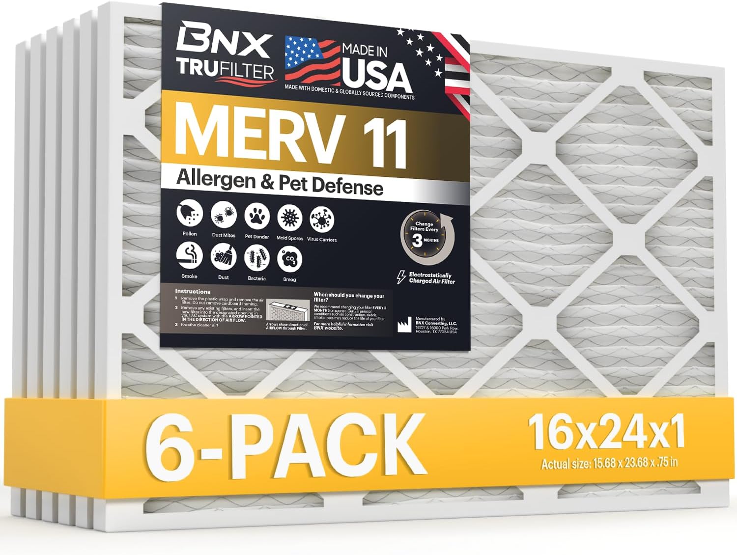 BNX TruFilter 16x24x1 Air Filter MERV 11 for Allergies & Dust