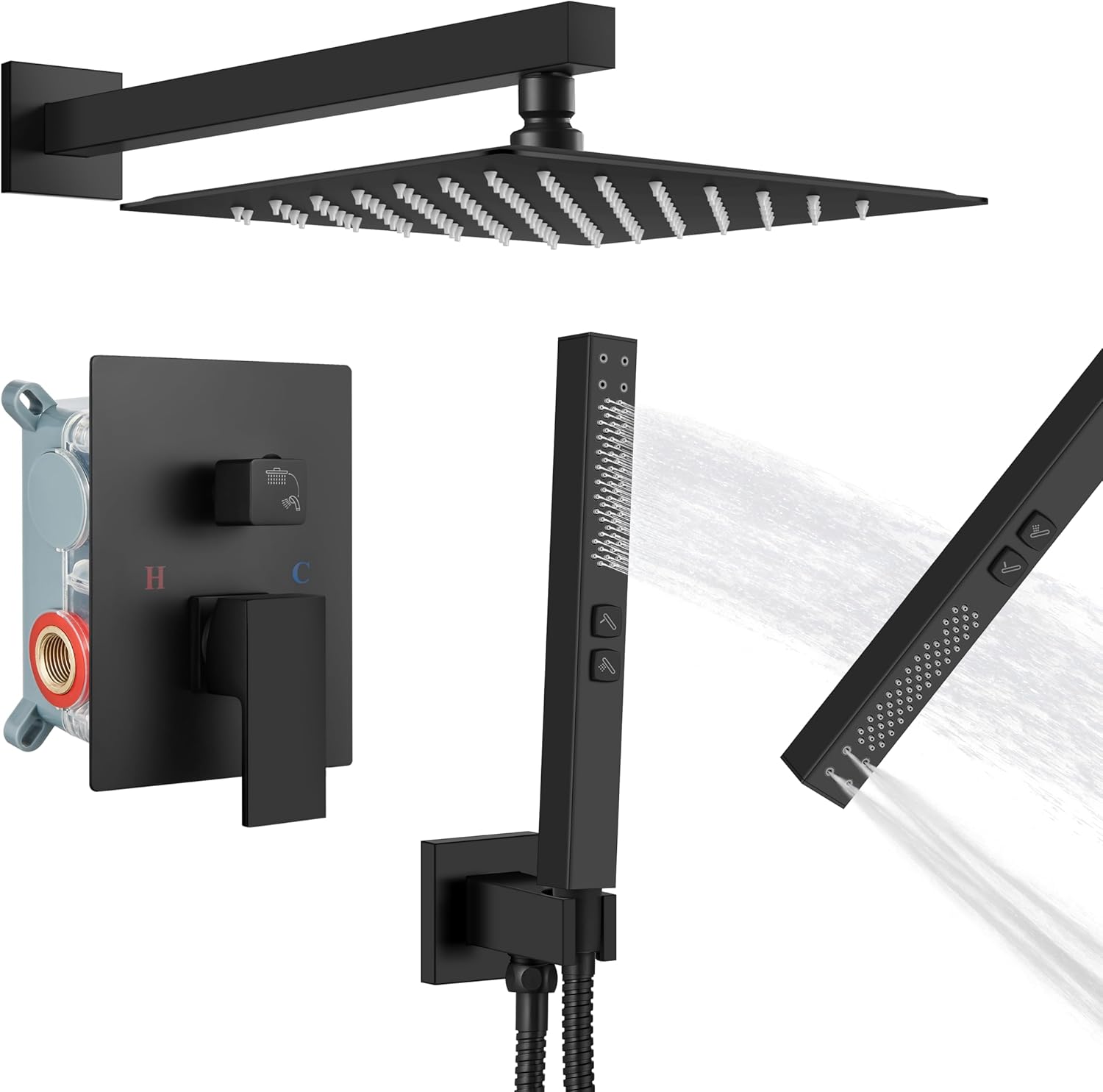 Rainfall Shower System with Square Showerhead and Handheld Sprayer
