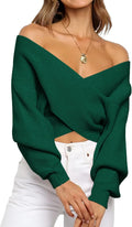 Off The Shoulder Sweater for Women - Ribbed Cropped Wrap V Neck