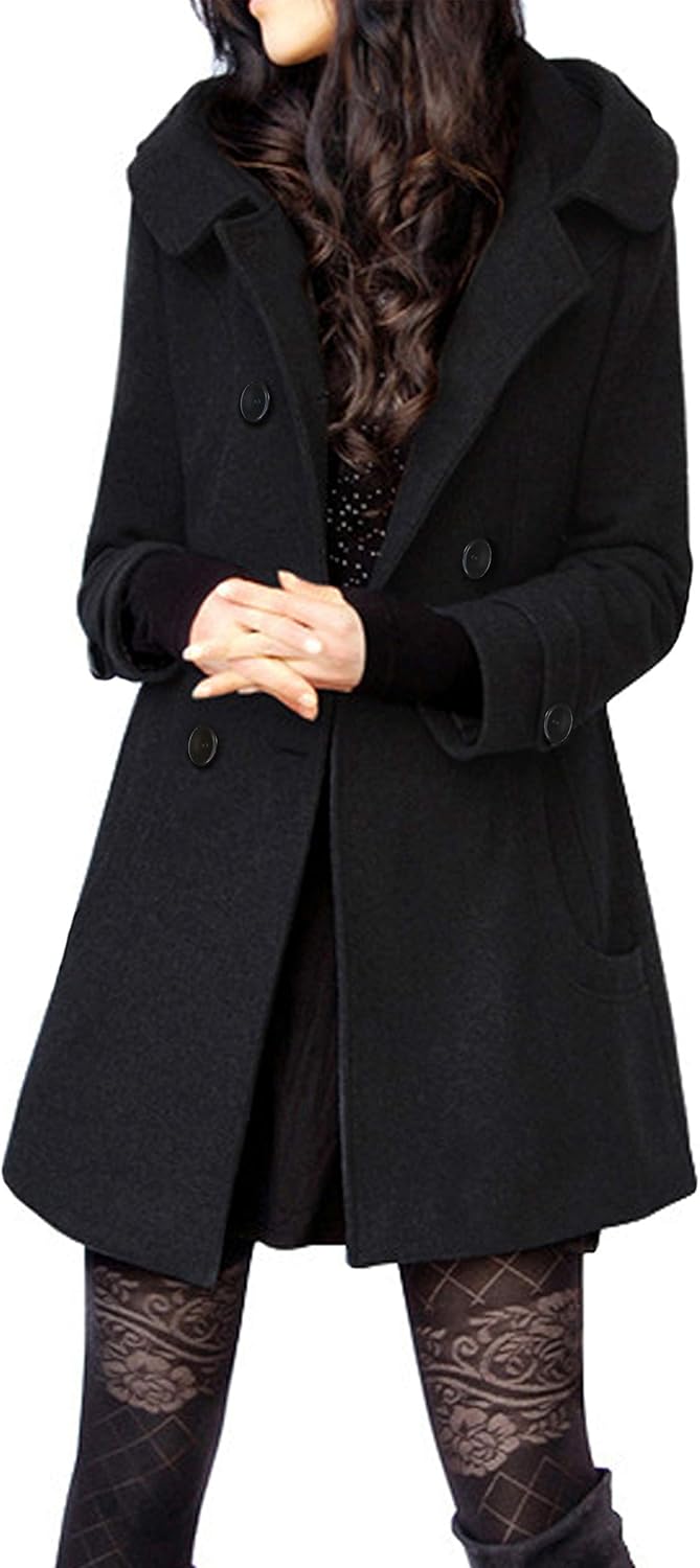 Tanming Women's Warm Double Breasted Wool Pea Coat with Hood