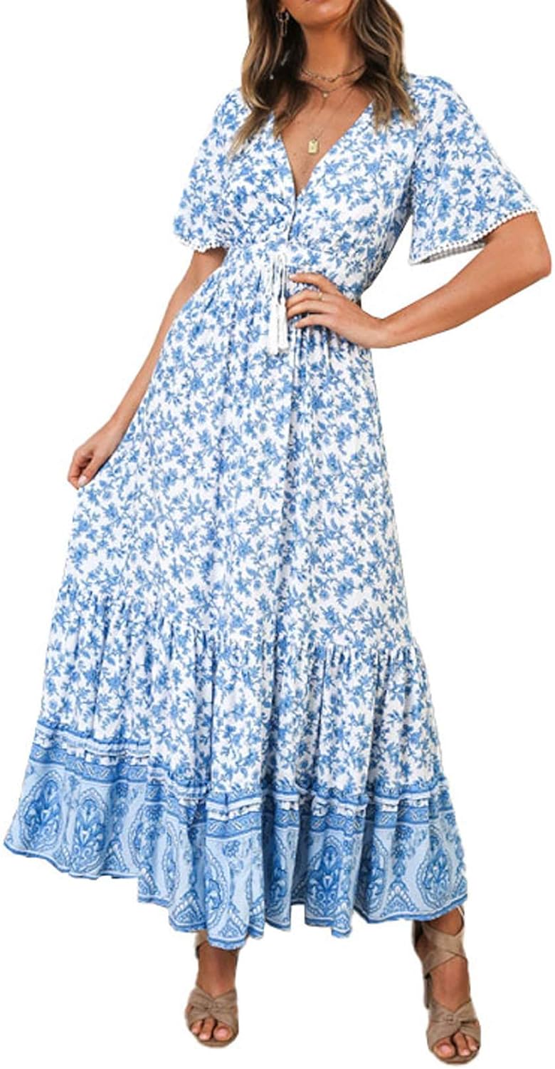 R.Vivimos Womens Summer Cotton Short Sleeve V Neck Floral Dress