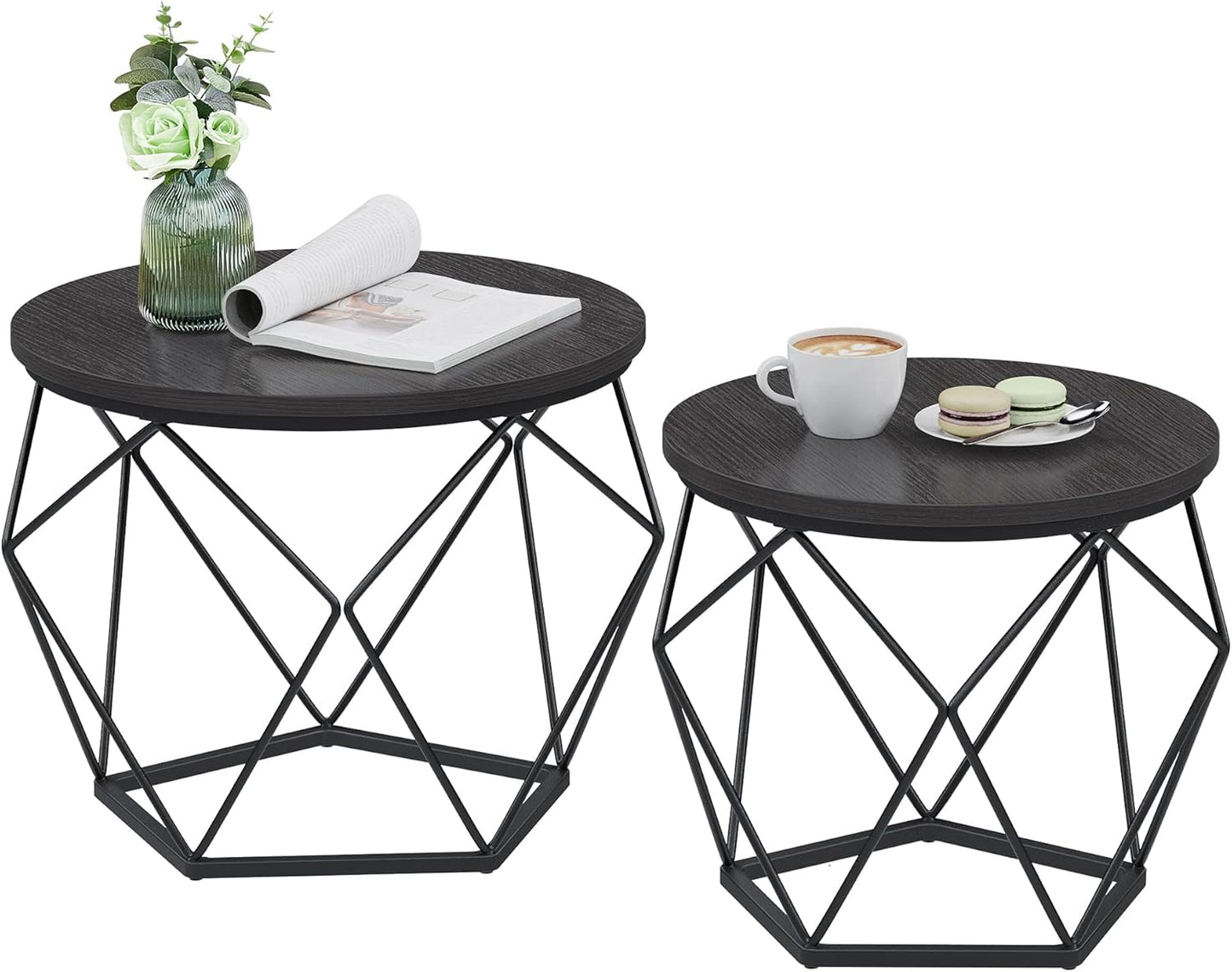 Modern Small Coffee Table Set - Stylish Steel Frame - Charcoal Gray/Ink Black
