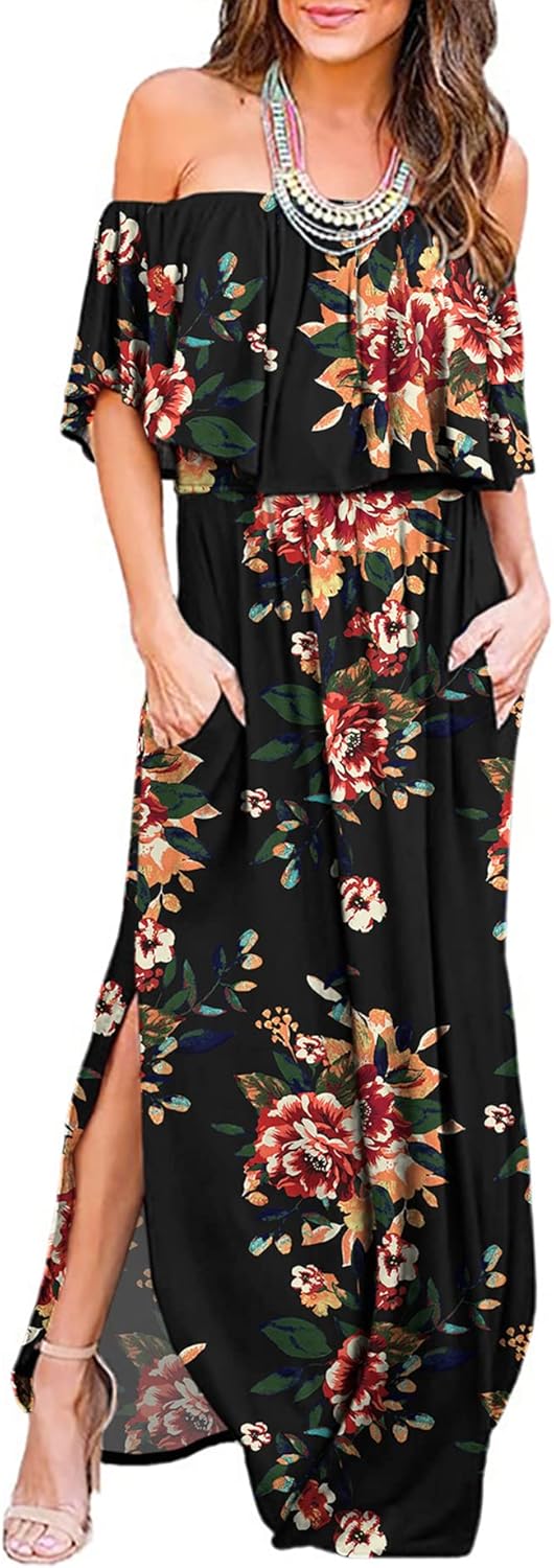 LILBETTER Womens Off The Shoulder Ruffle Maxi Dress for Parties