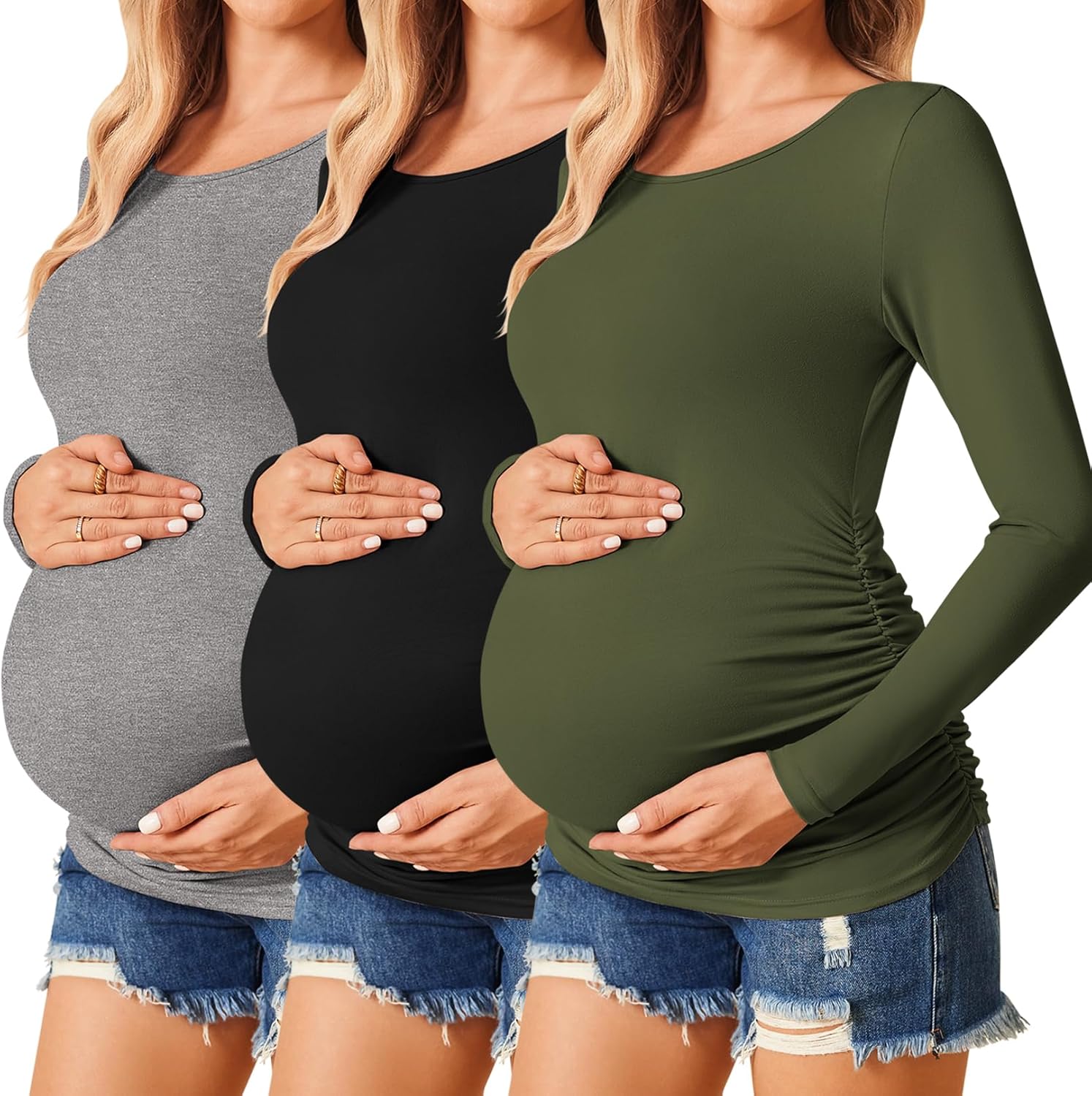 Ekouaer Womens Maternity Shirts Long Sleeve 3 Pack Tunic Tops