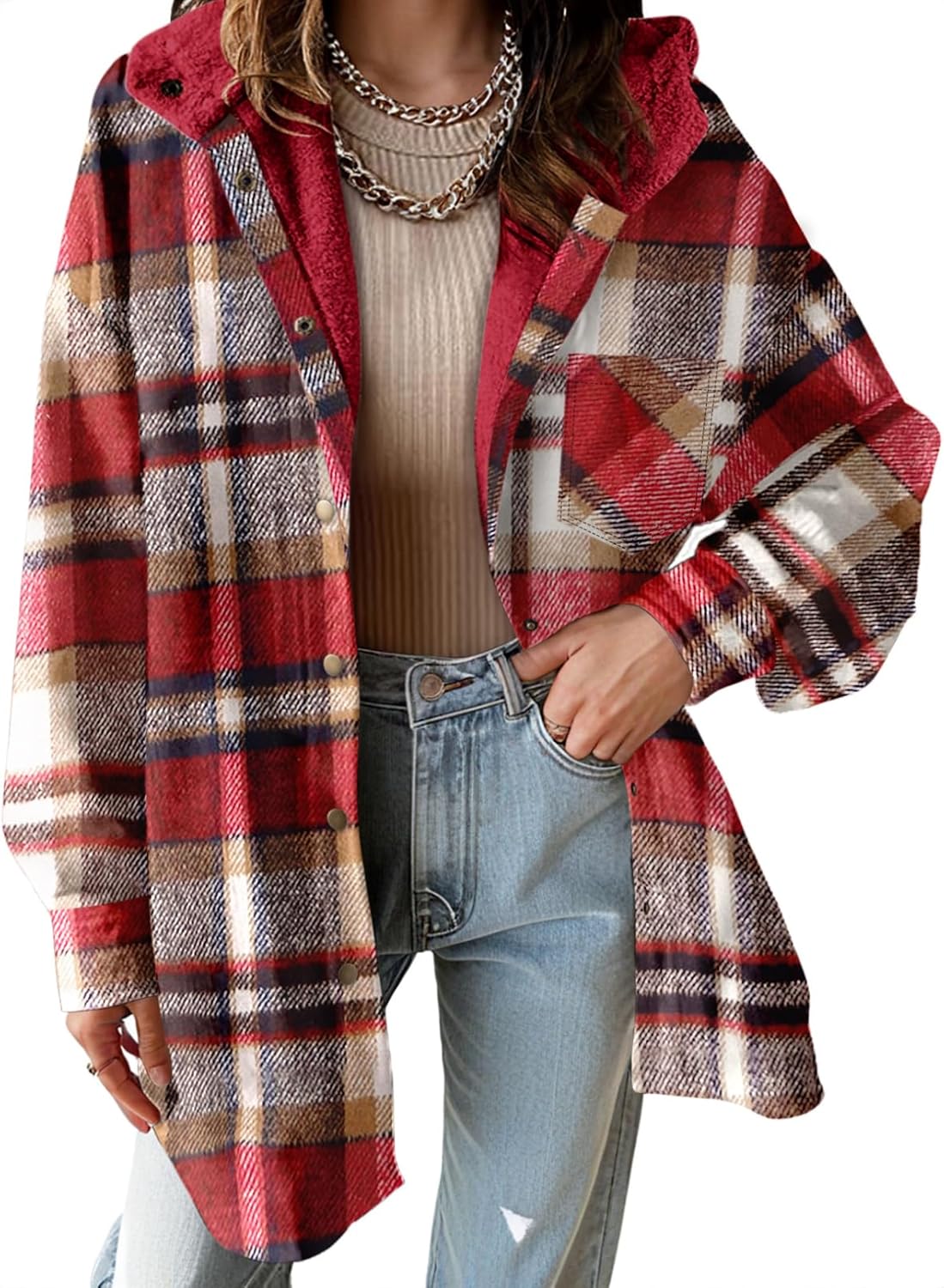 Dokotoo Women's Flannel Hooded Plaid Shacket for Winter Warmth