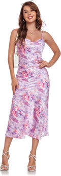 Women's Satin Slip Cowl Neck Midi Dress - Backless Spaghetti Straps