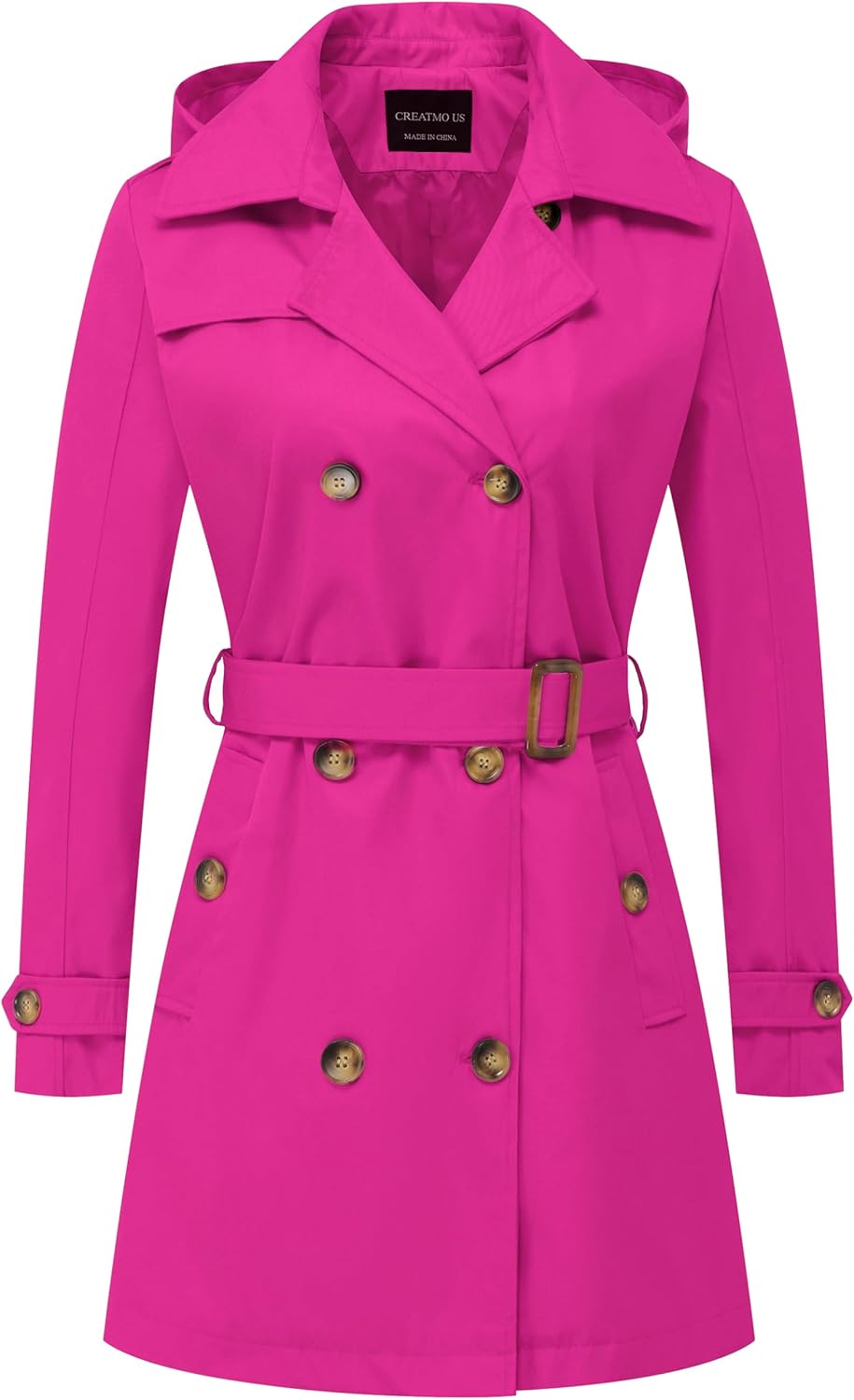 CREATMO US Women's Double-Breasted Trench Coat with Hood