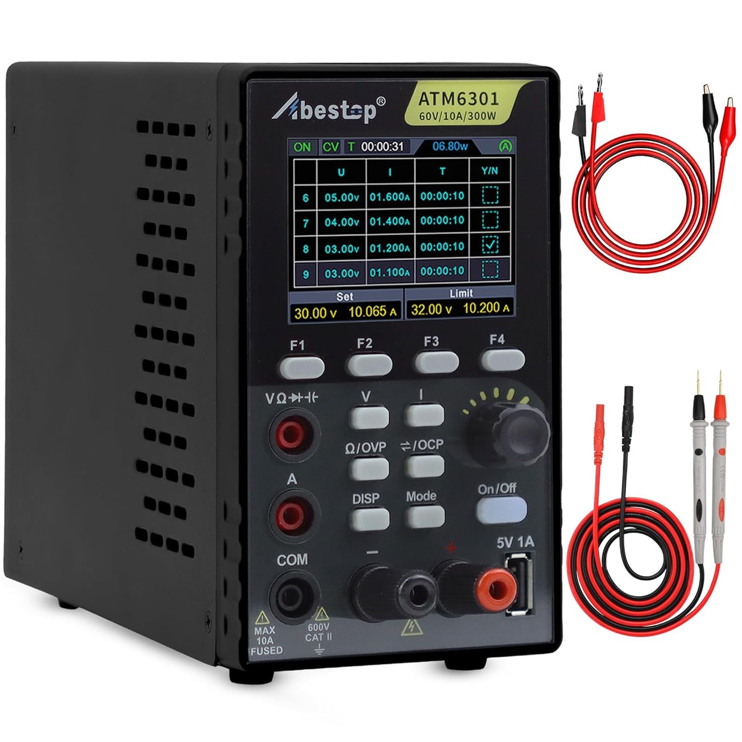 Abestop 2-in-1 DC Power Supply Multimeter: 60V/10A, USB Charging