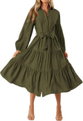Womens Long Sleeve Midi Shirt Dress - Flowy Tiered V Neck Midi