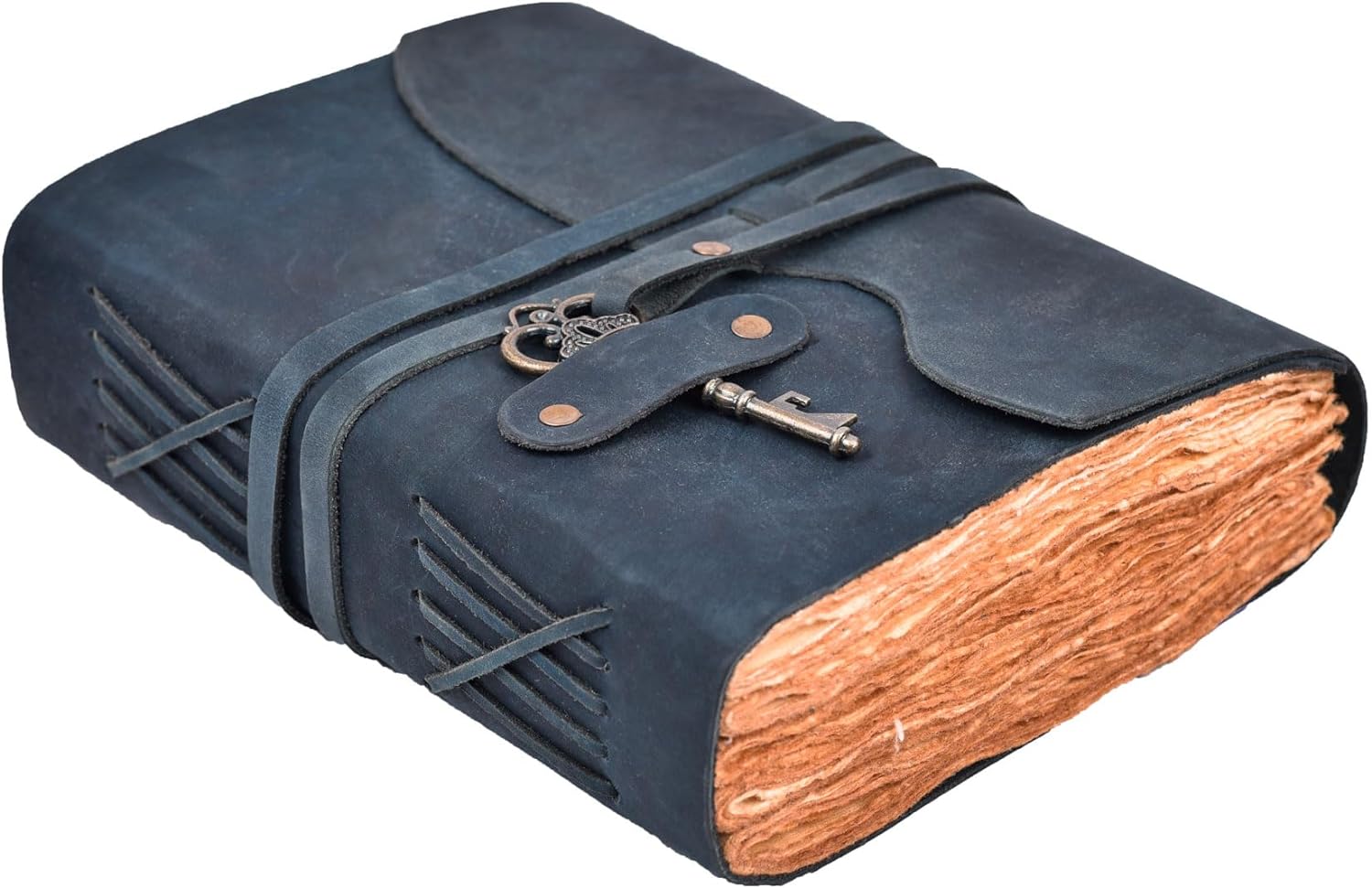 Vintage Leather Journal - Handmade Deckle Paper - Blue