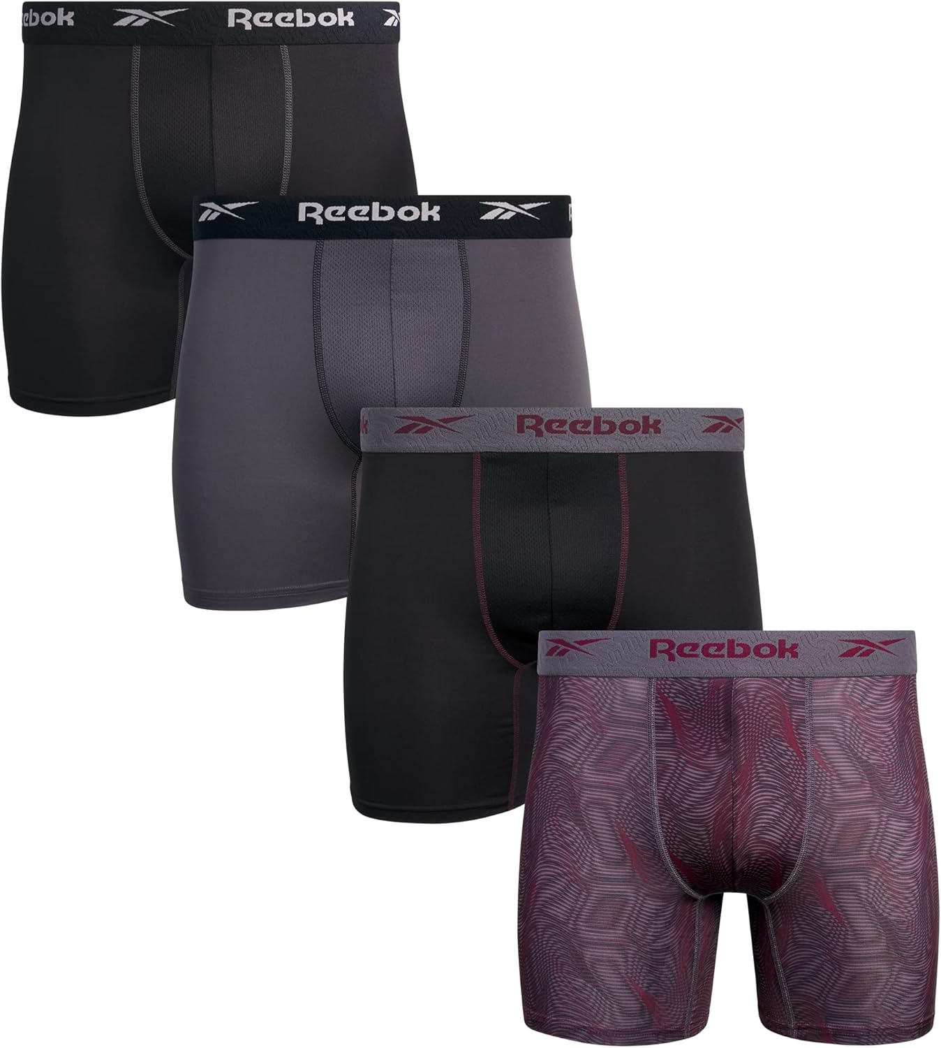 Reebok Mens Boxer Briefs 4 Pack 6ft' Inseam Moisture Wicking