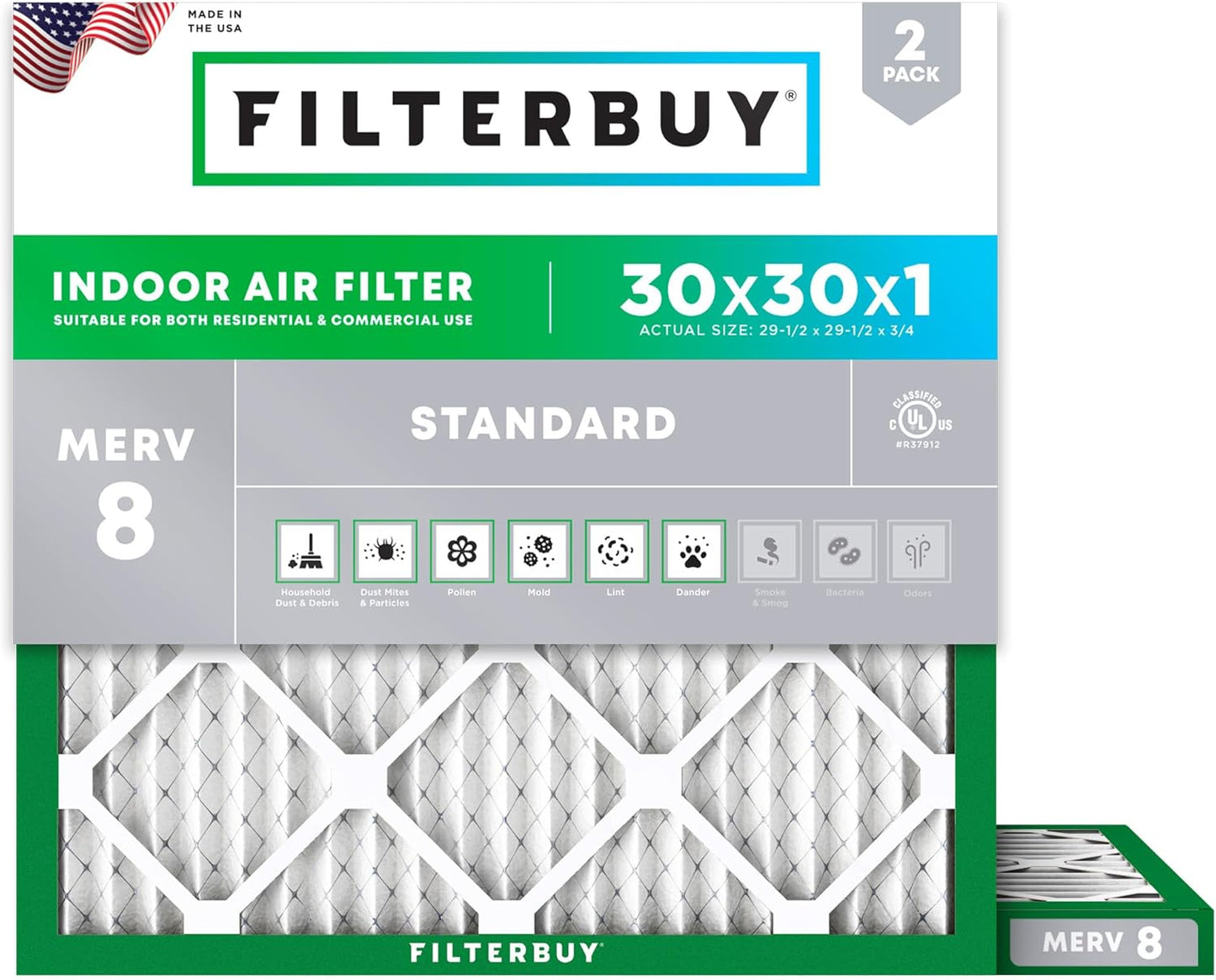 Filterbuy 30x30x1 Air Filter MERV 8 for Dust & Allergy Defense