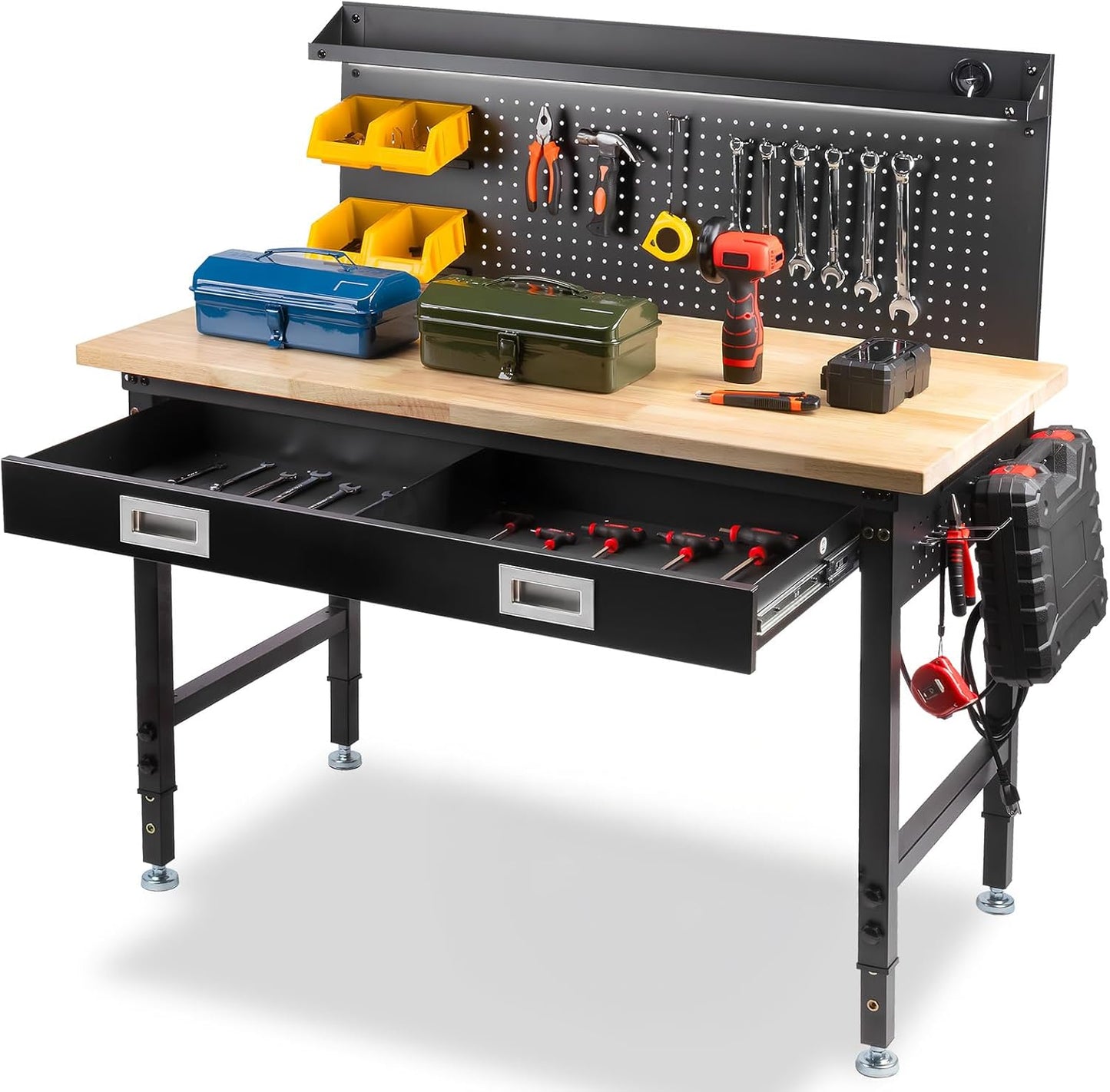 48 Workbench with Drawers and Strip Light for Garage Use
