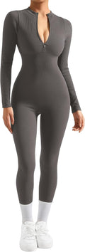 SUUKSESS Women Long Sleeve Ribbed Jumpsuit - Zip Front Bodycon Romper